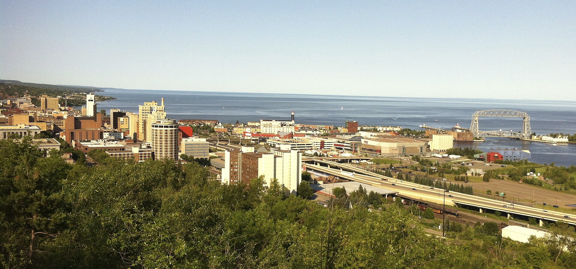 A view from the Duluth hillside over downtown and the harbor toward Lake Superior and the Aerial Lift Bridge