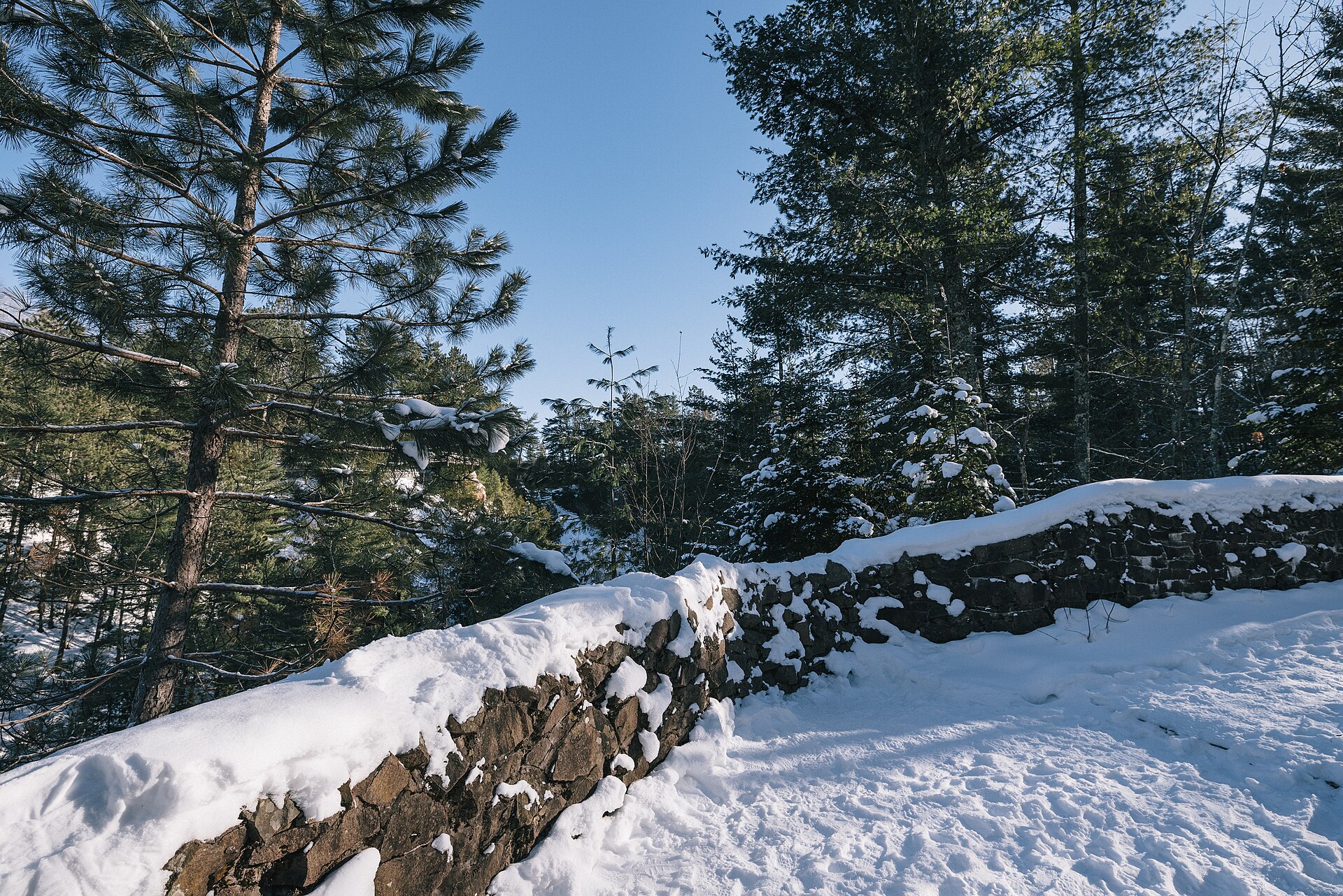 Deep snow over a low fieldstone wall and red and white pines at a state park overlook in Douglas County, Wisconsin