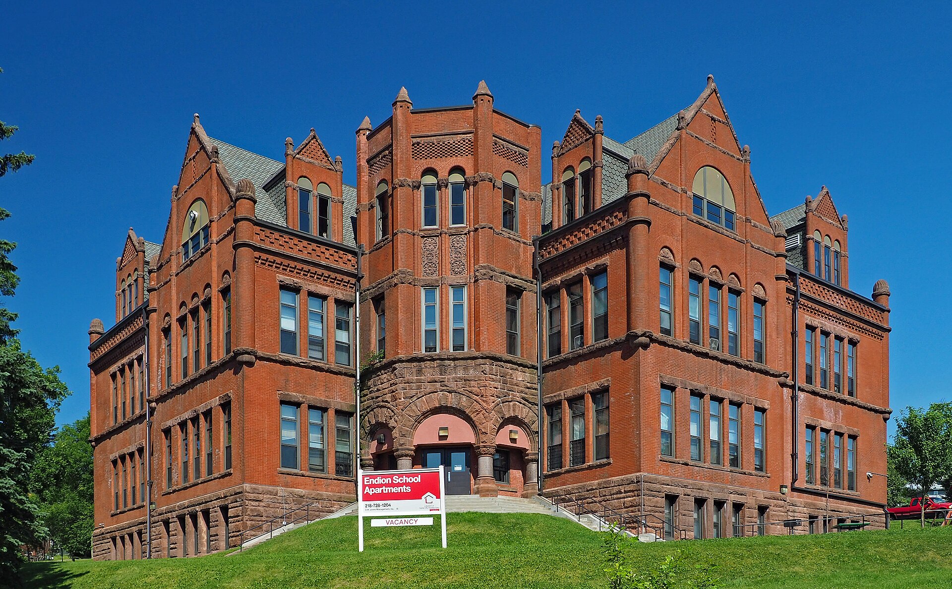 The red brick and brownstone Endion School at 1801 East First Street in Duluth, now apartments
