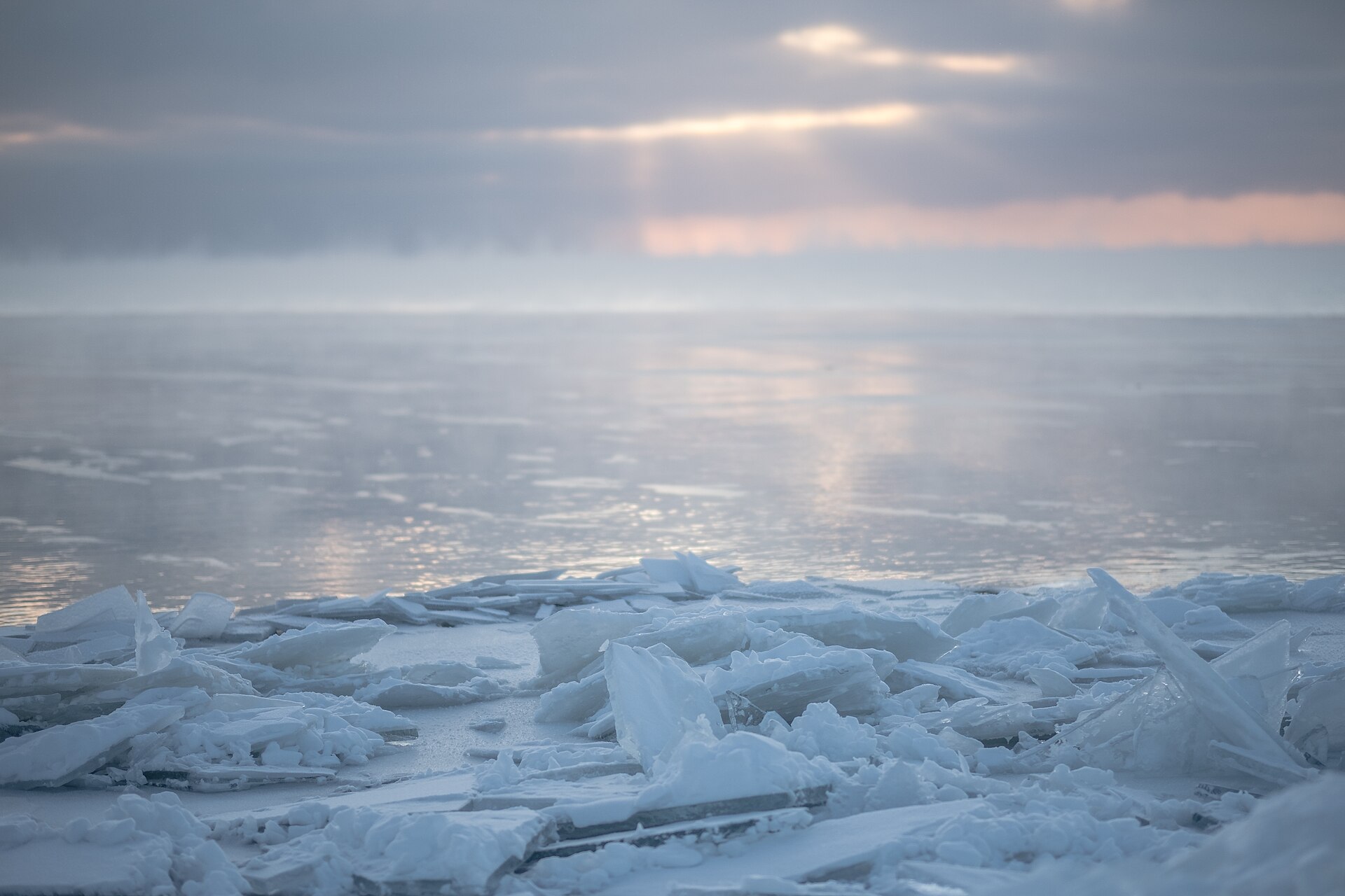 Slabs of broken shelf ice piled on the shore at Brighton Beach at sunrise, with sea smoke over open water beyond