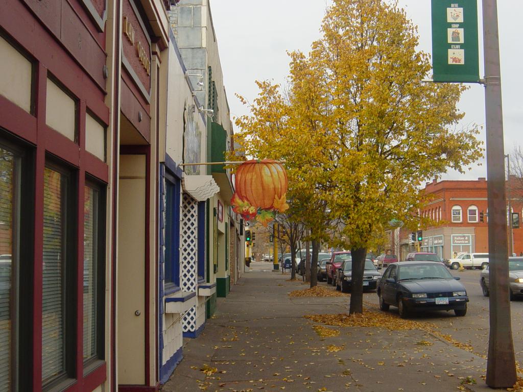 Storefronts and boulevard trees in fall along Central Avenue in the West Duluth commercial district
